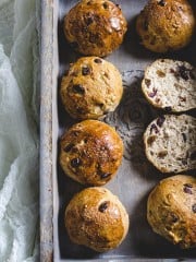 Sweet bread rolls lined up in a basket