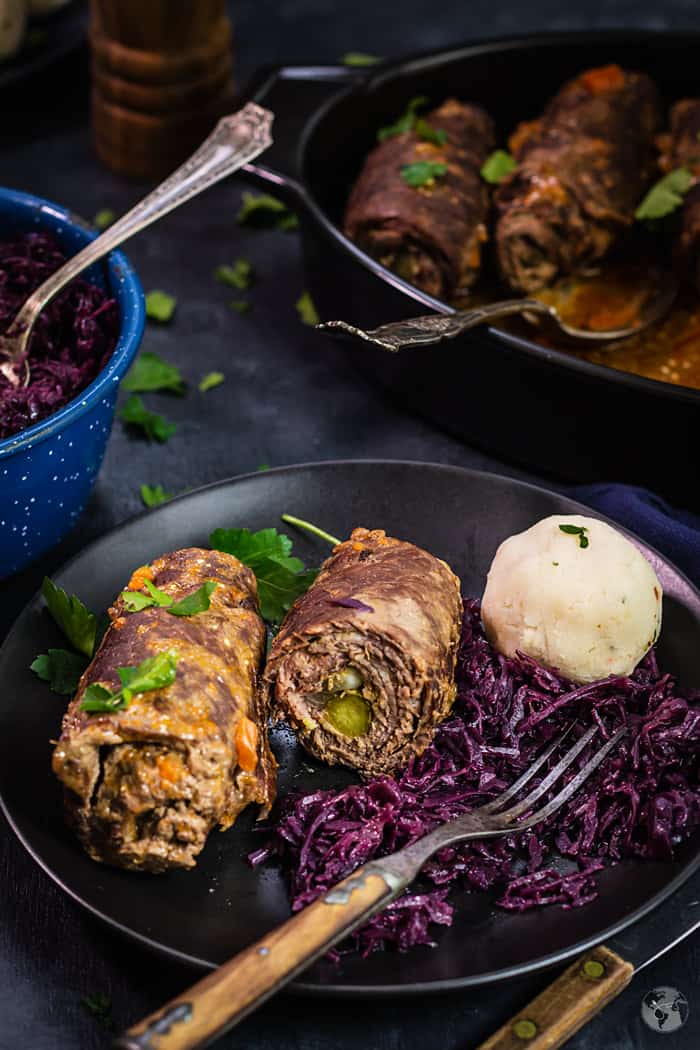 Rouladen on a plate and in the pan.