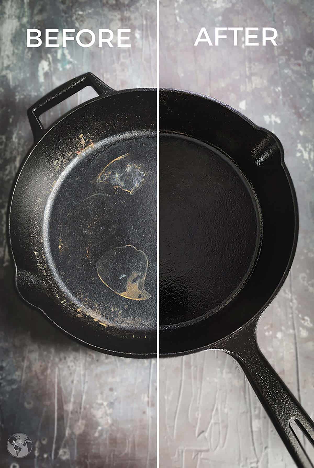 Before and after cleaning cast-iron.