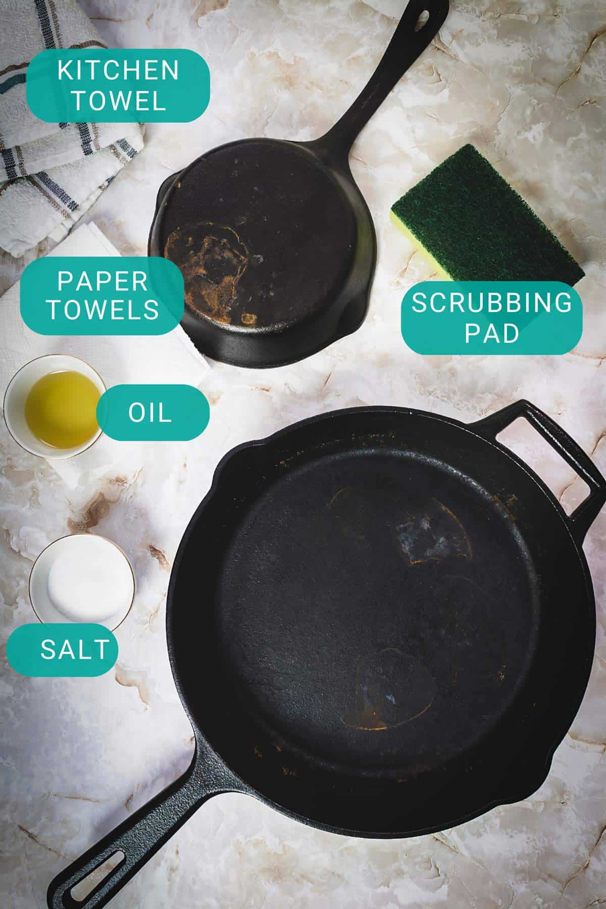 Cast iron pans with cleaning supply.