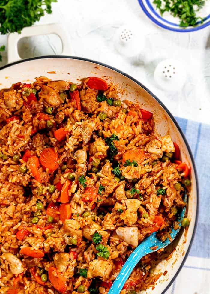 Closeup of the chicken risotto in a skillet