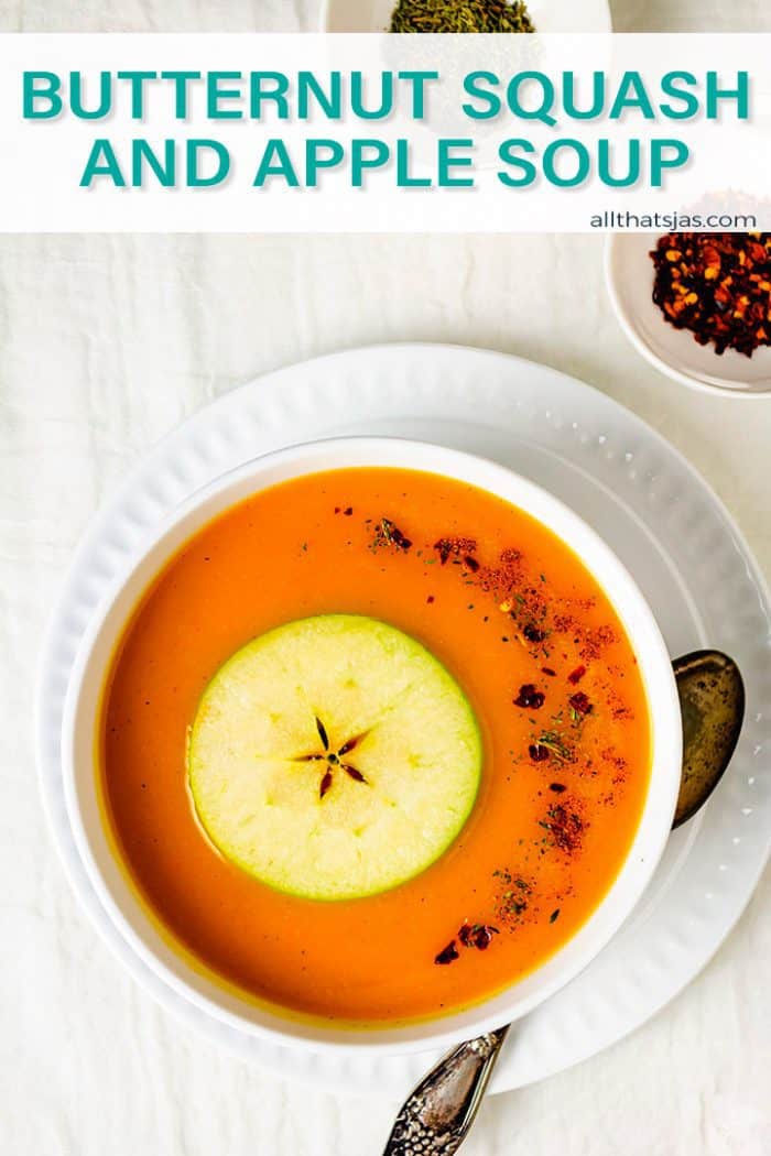 Butternut soup in a bowl on a plate with a text overlay