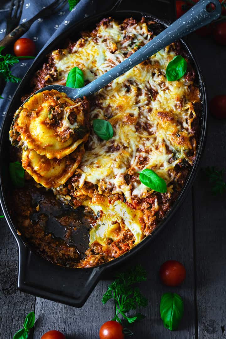 Delicious Italian recipe for lasagna made with ground beef, cheese ravioli, and spinach.