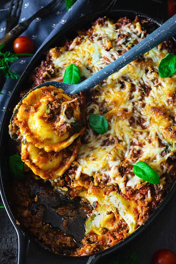 Scooped out ravioli from the lasagna dish.