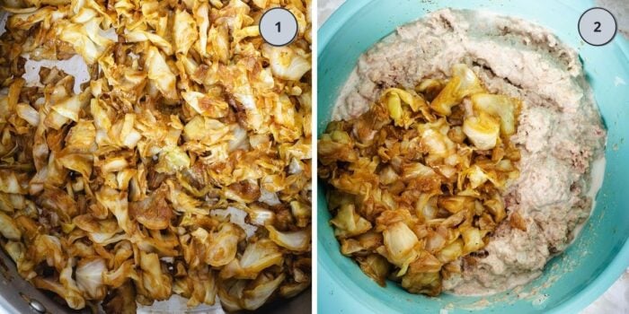 Caramelizing cabbage step and mixing ingredients for meat layer steps.