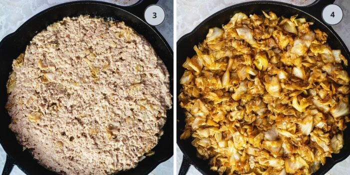 Skillet with the meat layer and then with cabbage layer.