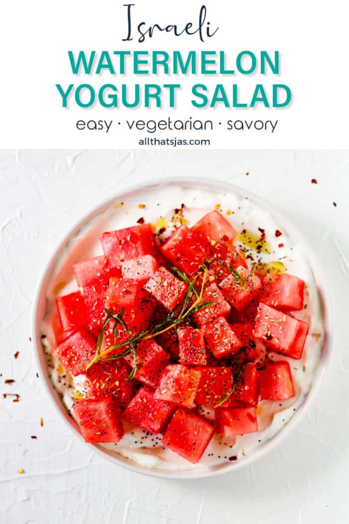 A flat lay of a white shallow plate with watermelon salad and text overlay.