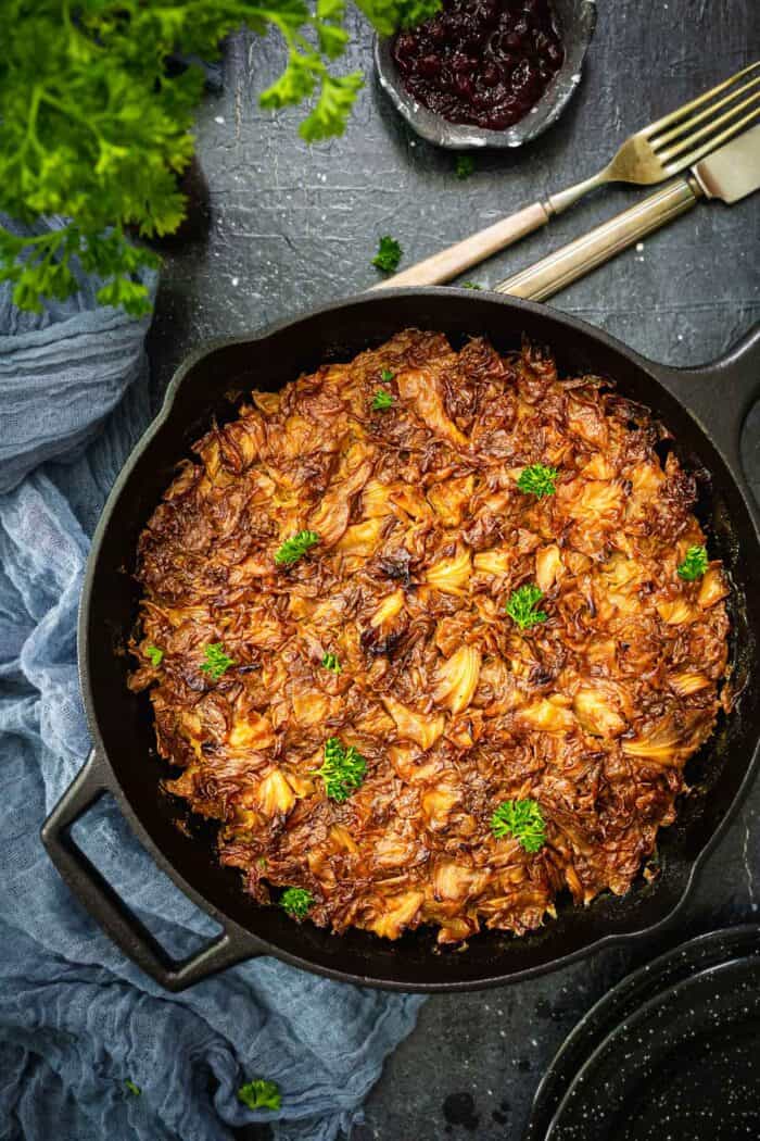 Swedish cabbage dish in a cast iron skillet