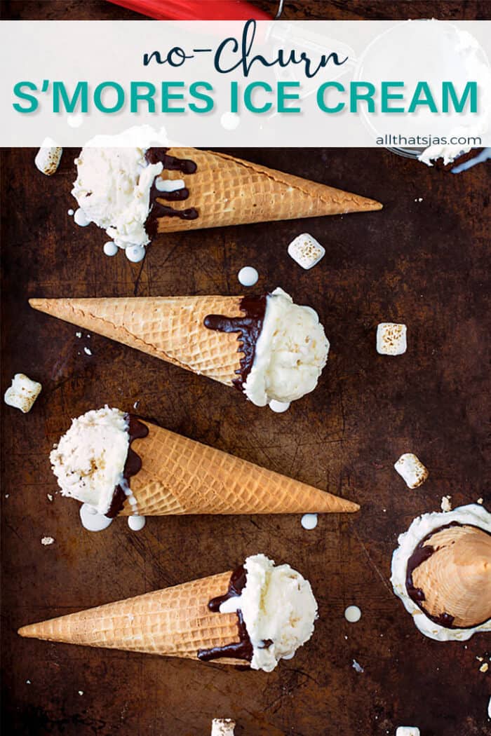 S'mores ice cream cones on a brown background with text overlay