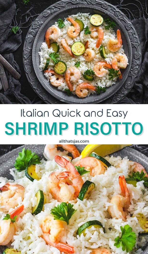 Two photo image with Italian shrimp risotto with text overlay in the middle.