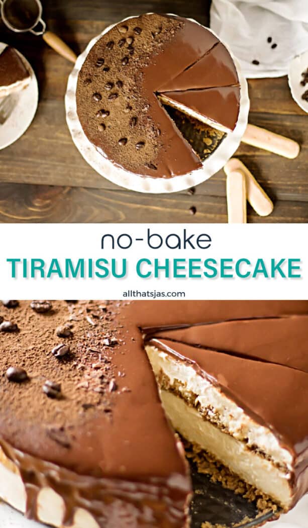 Two photo image of tiramisu cake and text overlay in the middle
