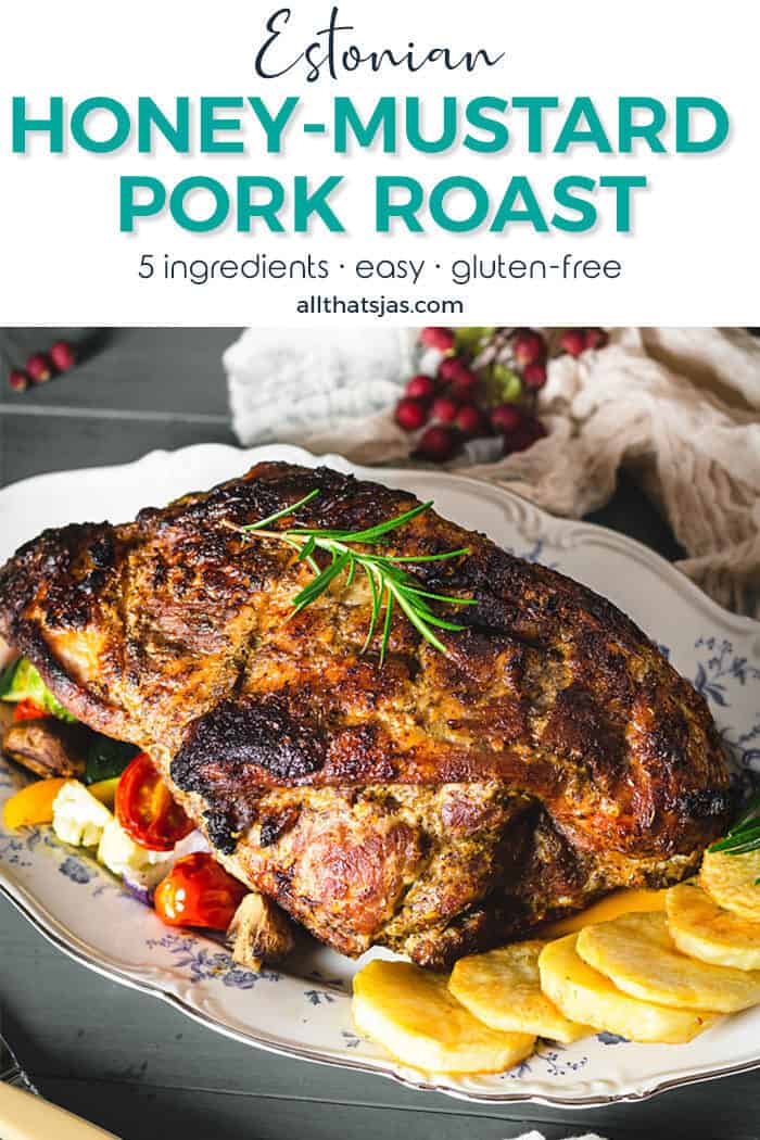 Oven roasted pork shoulder Estonian style on a platter with vegetables and text overlay.