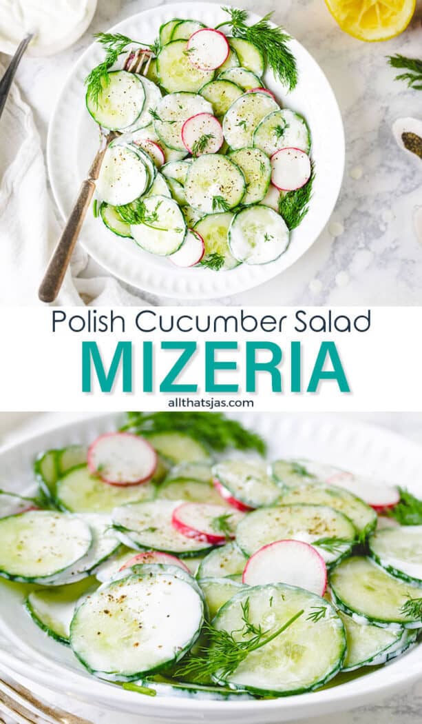 An image with two photos of Polish creamy cucumber salad with text overlay in the middle.