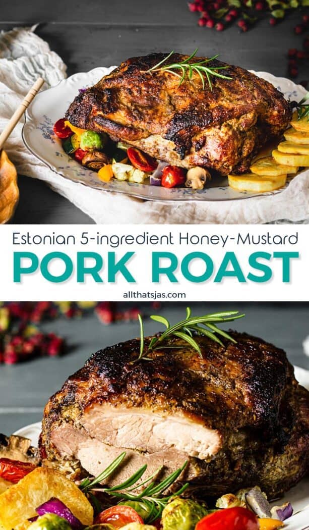 Two photo image of the honey mustard glazed roast with text in the middle.