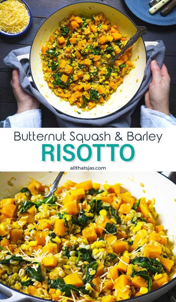 Two photo image of the squash barley dish with text overlay in the middle.