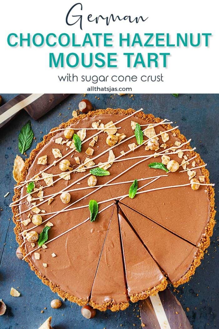 Sliced mousse tart dessert with text overlay.