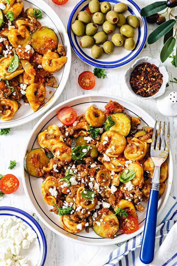 Greek tortellini bake being served