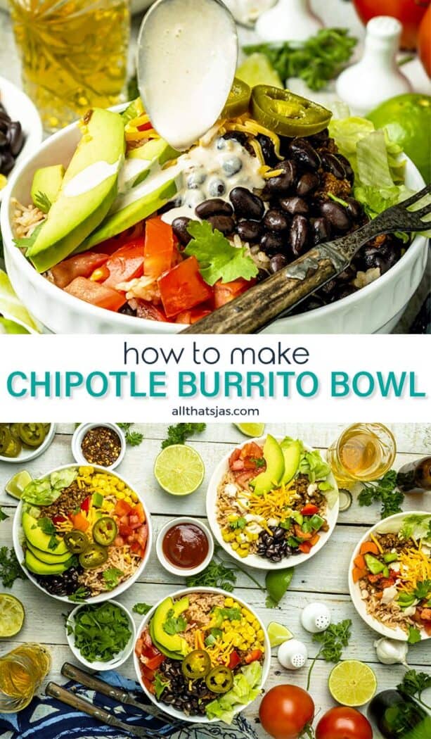 Two photo image of burrito chipotle bowls with text overlay.