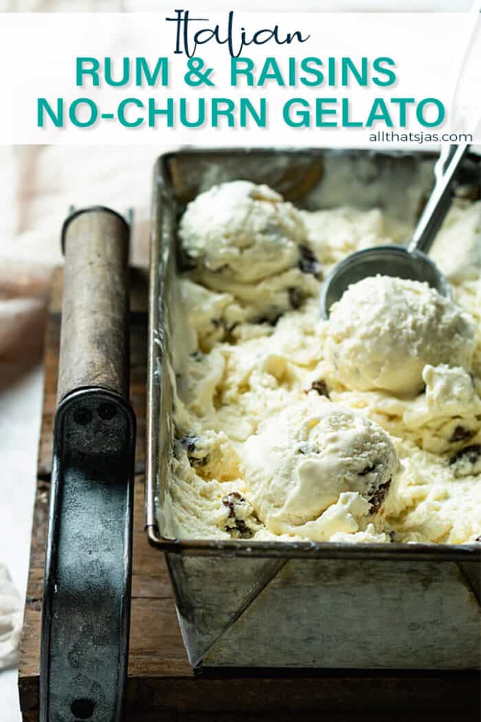 A tray with gelato being scooped out with an ice cream scoop with text overlay.