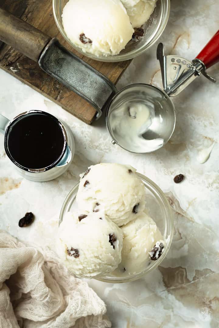 An overhead shot of bowls of gelato.