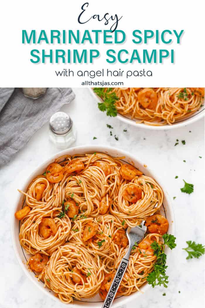 An overhead shot of pasta and shrimp with a fork and text overlay.