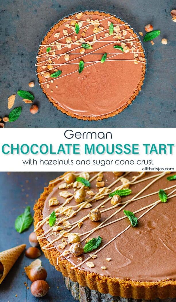 Two photo image of the mousse tart with text overlay in the middle