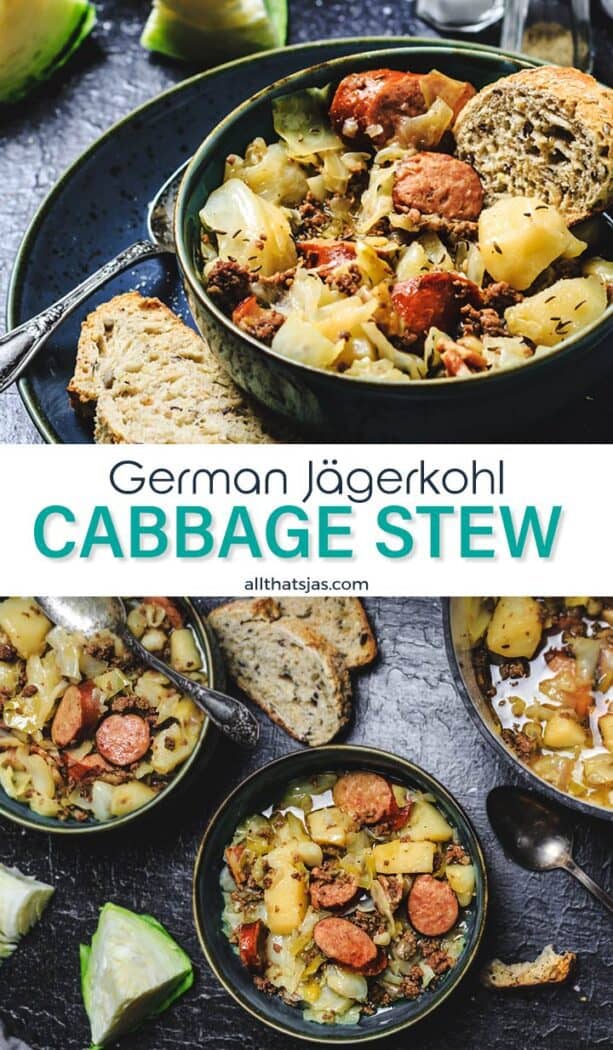 Two photo image of cabbage stew with text overlay in the middle