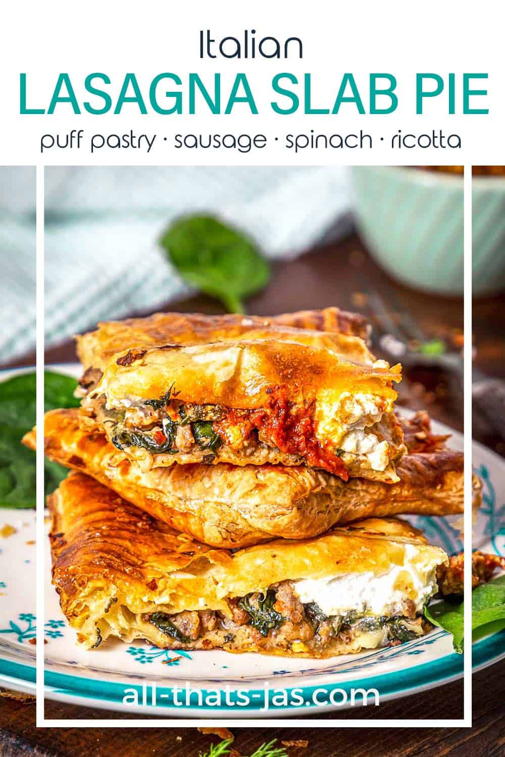 A close up photo of stacked savory hand pie with text overlay.