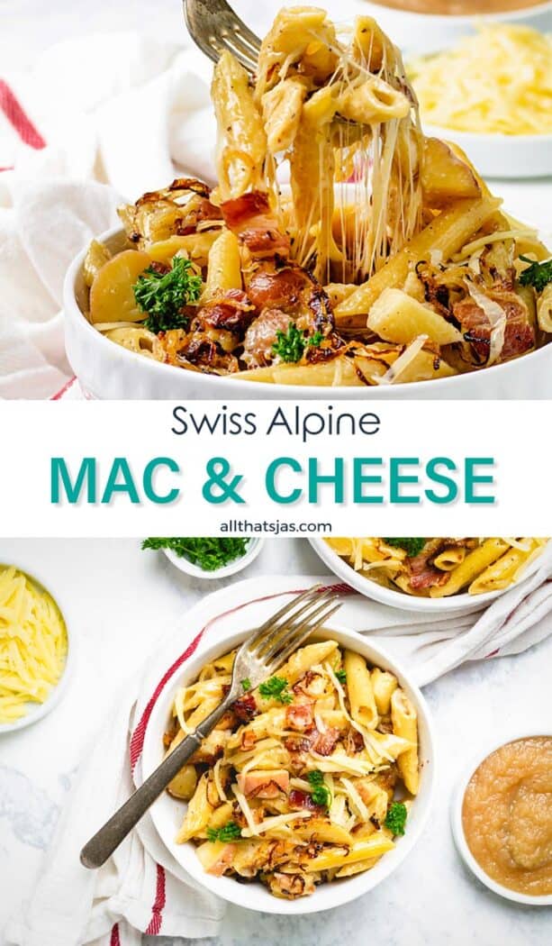 Two photo image of Swiss style pasta with cheese separated by text overlay