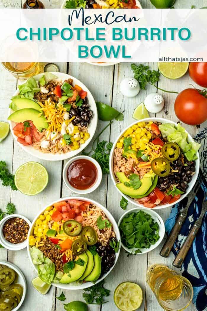 Overhead shot of burrito bowls awith text overlay