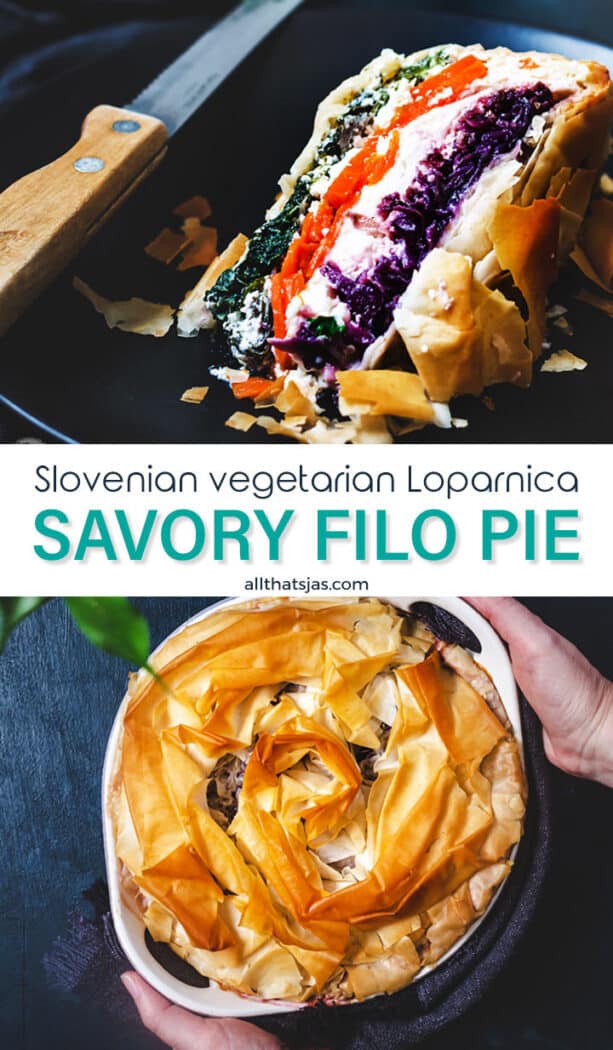 Two photo image of loparnica filo pie with text overlay.