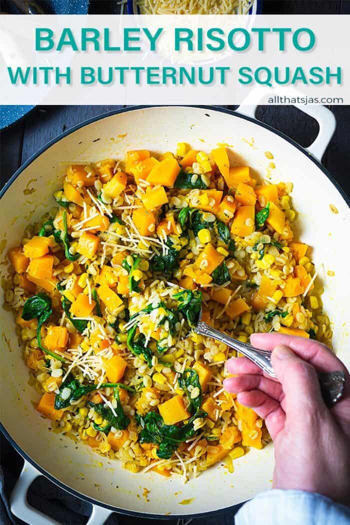 A serving of butternut squash barley risotto with text overlay