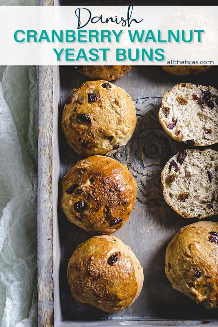 Overhead shot of two rows of Danish yeast buns with text overlay