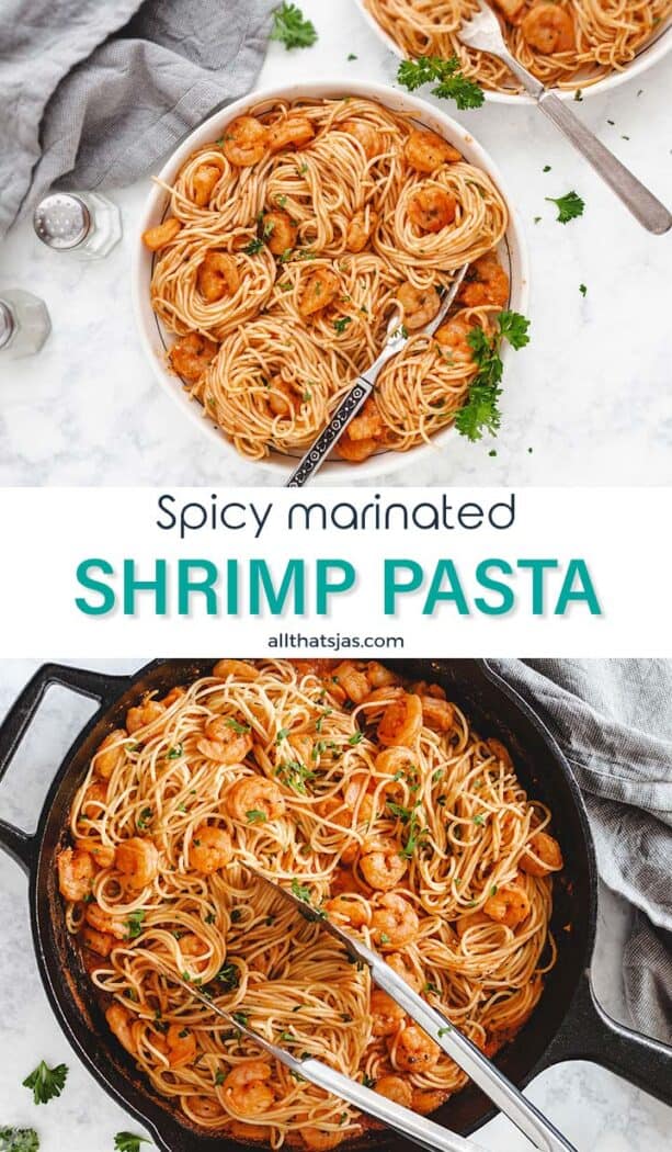 Two photo image of the spicy scampi dish with text overlay in the middle