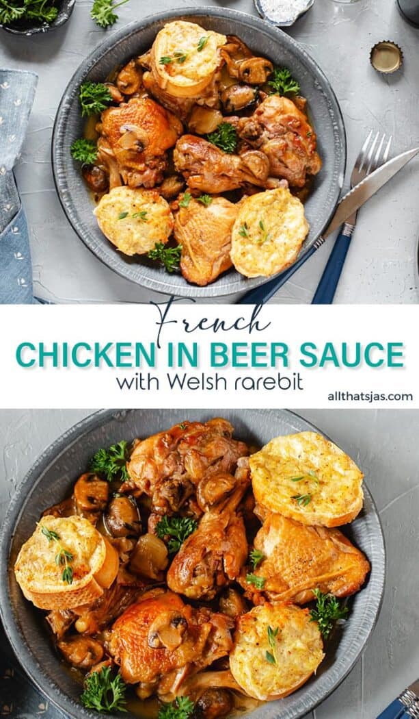 Two photo image of French chicken dish with text overlay in the middle