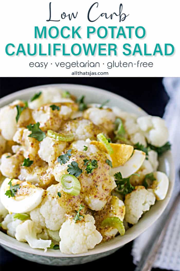 A bowl with cauliflower salad with text overlay