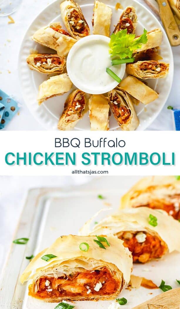 Two photo image with bbq chicken turnovers and text overlay in the middle