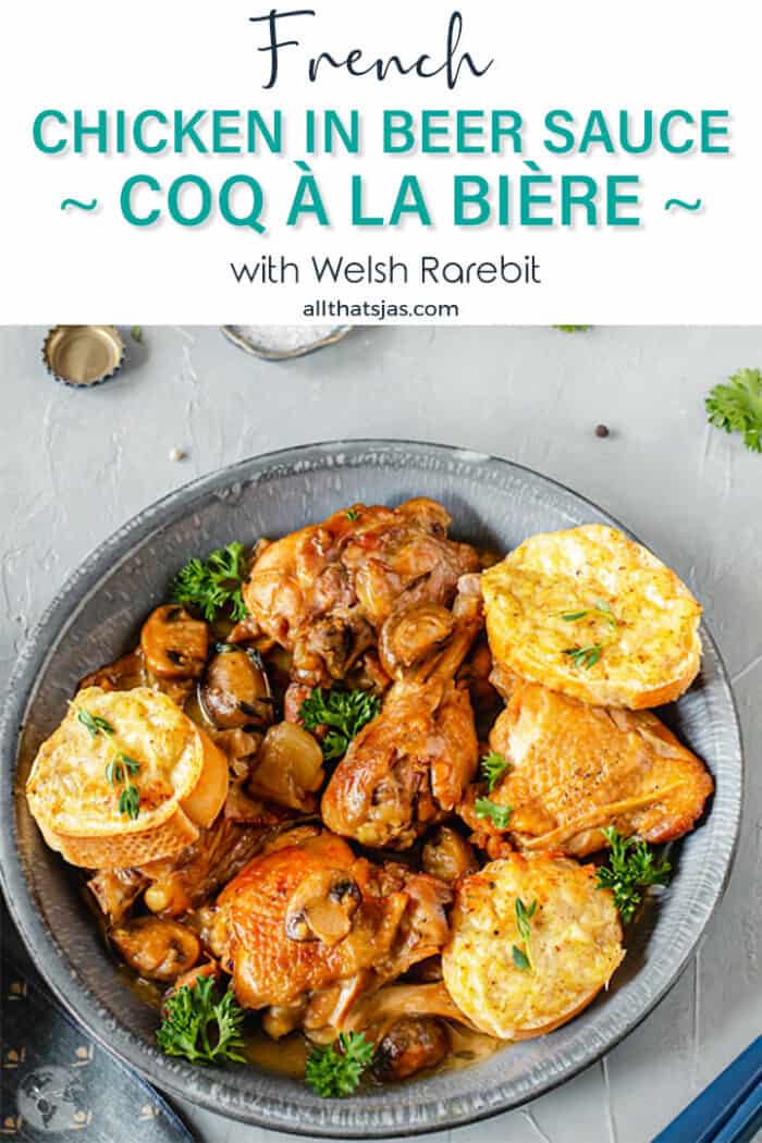 An overhead shot of served coq a la biere on light gray background and text overlay