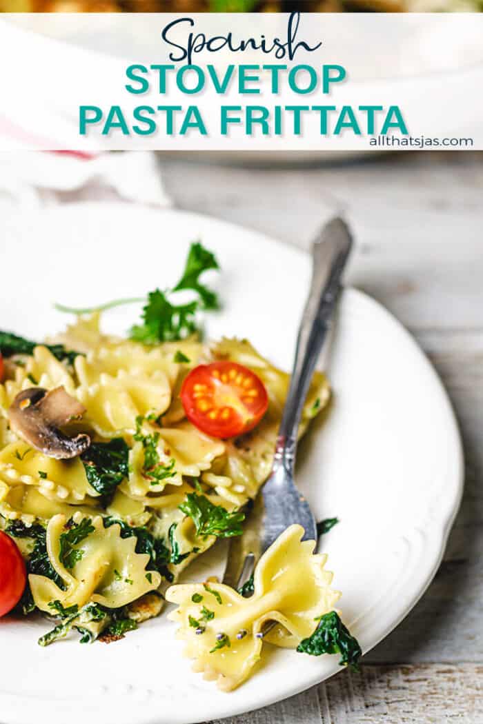 A photo of a partial plate with farfalle pasta with text overlay