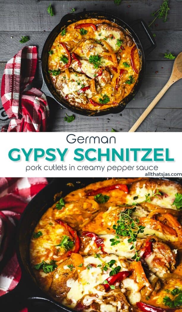 An image with two photos of Gypsy schnitzel with text overlay in the middle.