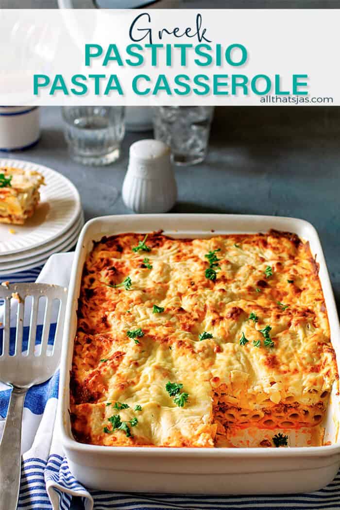 A shot of casserole ready for serving with text overlay