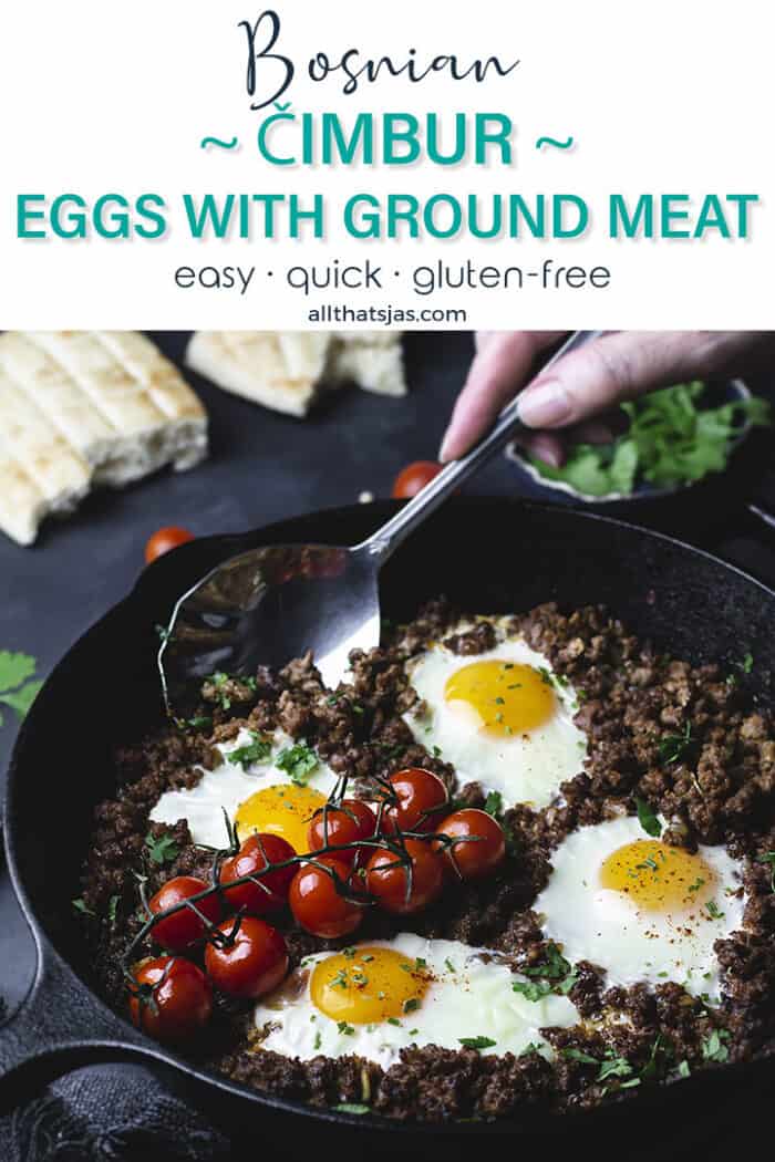 Serving the ground beef and poached egg dish with a spoon photo with text overlay.