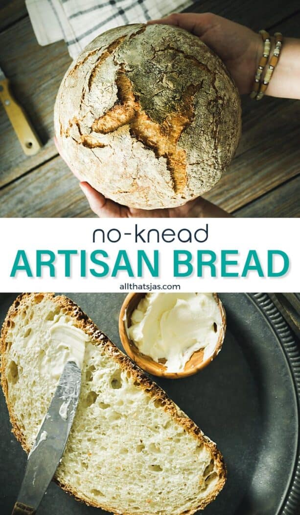 Two photo image of no knead artisan loaf with text overlay in the middle.