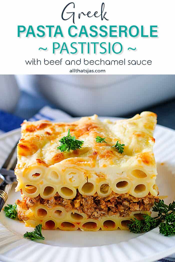 Close up shot of baked layered pasta and ground lamb with text overlay