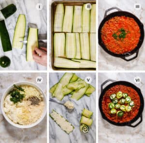 Steps to making zucchini roll-ups with meat sauce