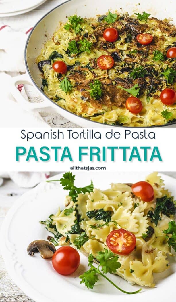 Two photo image of Spanish tortilla de pasta with text overlay in the middle