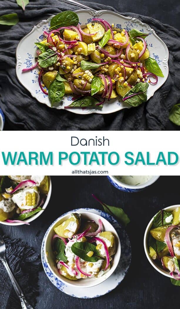Two photos image of the Danish winter salad with text overlay in the middle.