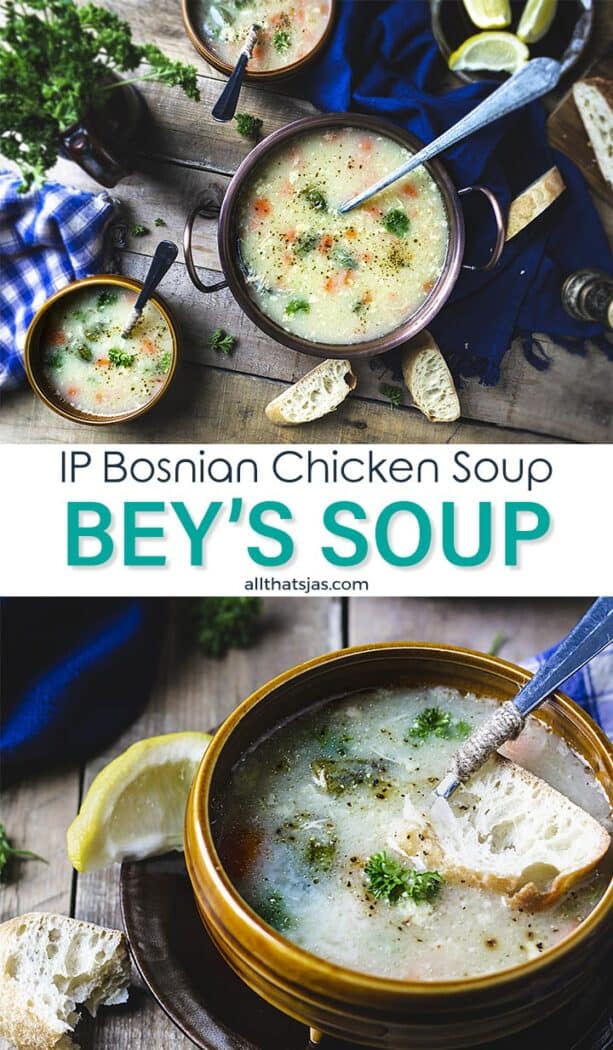 Two photo image of soup in bowls and text overlay in the middle