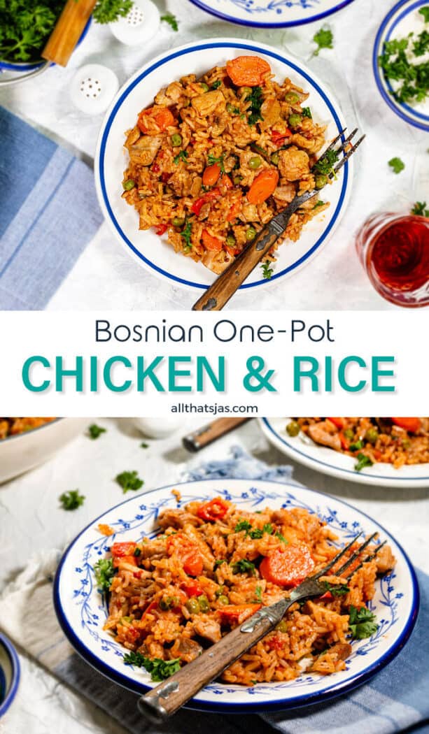 Two photo image of Bosnian one pot rice meal with text overlay in the middle