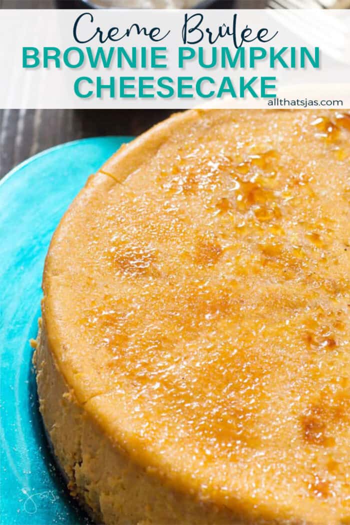 A shot of half the cheesecake with caramelized sugar topping and text overlay
